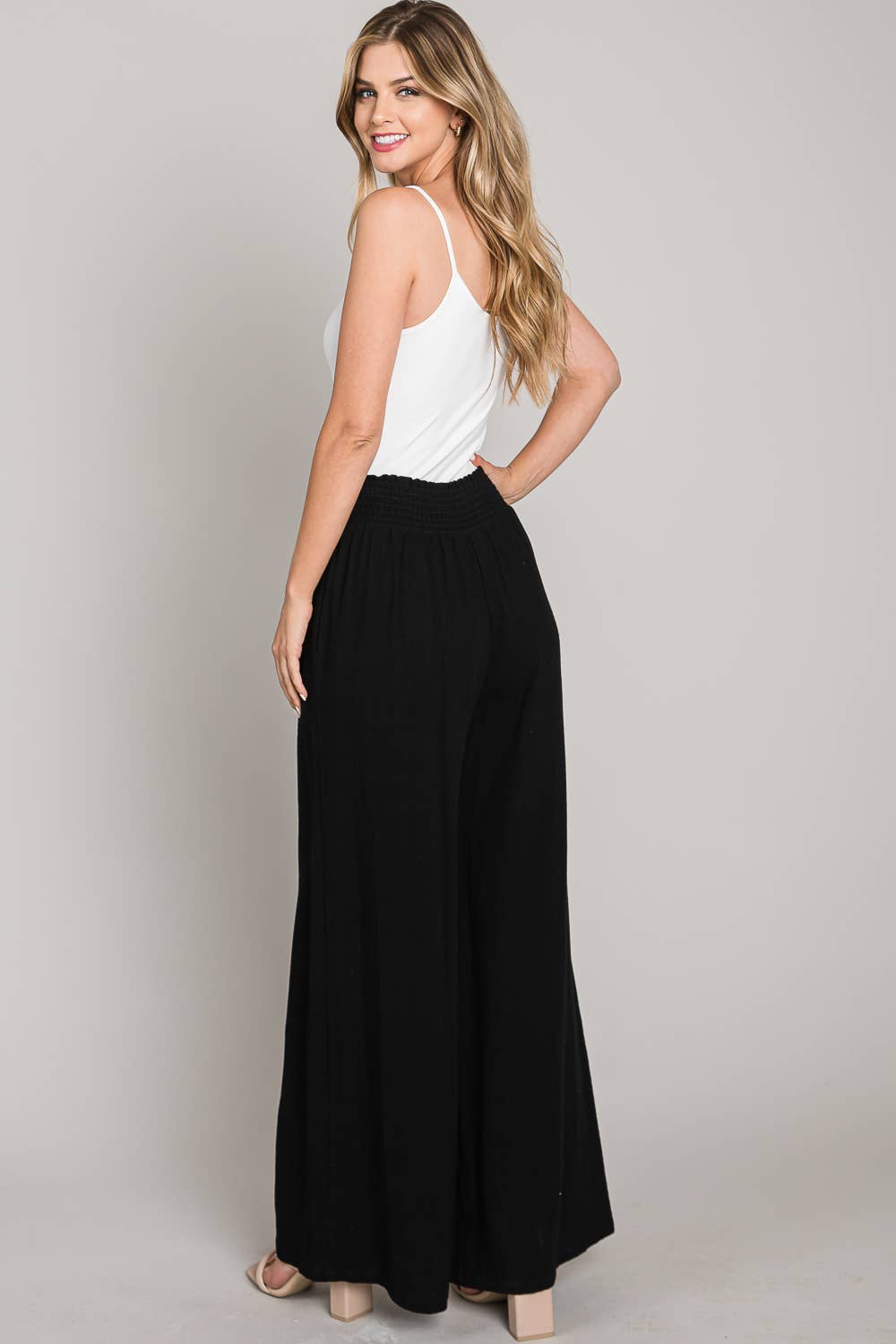 Soft Linen Smocked Waist Wide Leg Pants in black