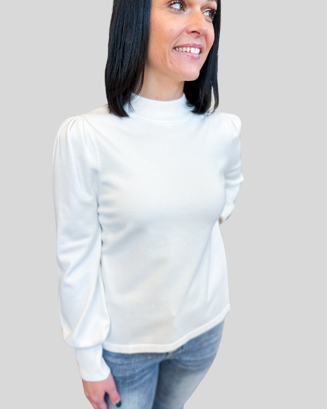 Elsa Puff Sleeve Mock Neck Sweater in Ivory