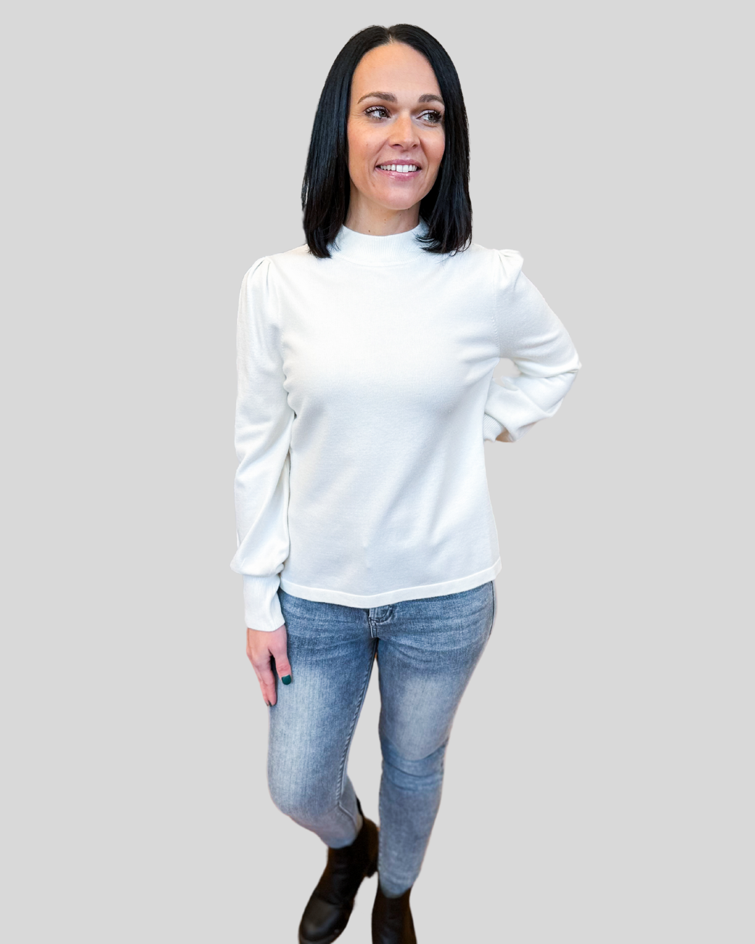 ivory sweater puff sleeves mock neck