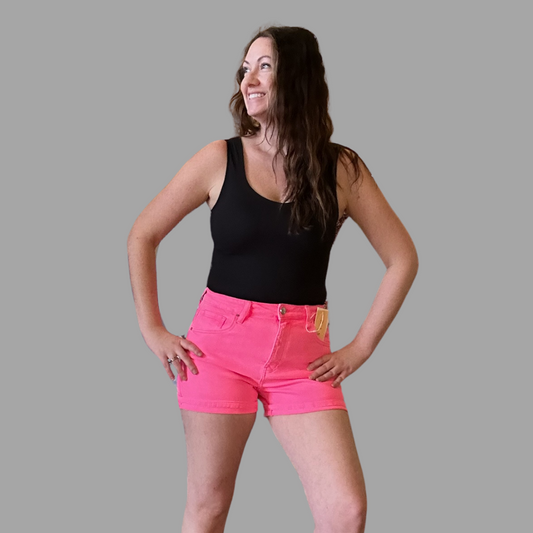 Risen High Rise Cuff Denim Shorts in Hot Pink