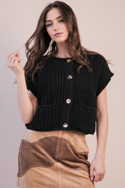 Oversized Button Down Knit Sweater Top in Black