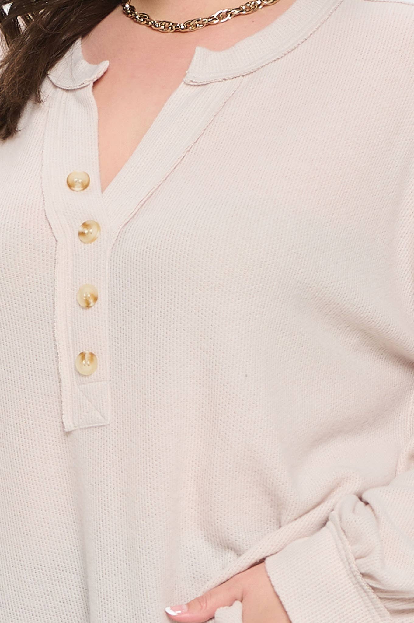 Half Button Long Sleeve Knit Top in Oatmeal (Plus Size)