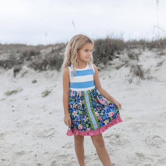 Callie Kids Pink & Blue Wide Stripe Floral Ruffle Summer Dress