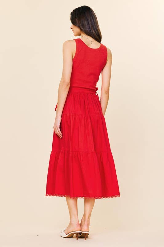 Sleeveless Knit Tank Poplin Skirt Dress in Red