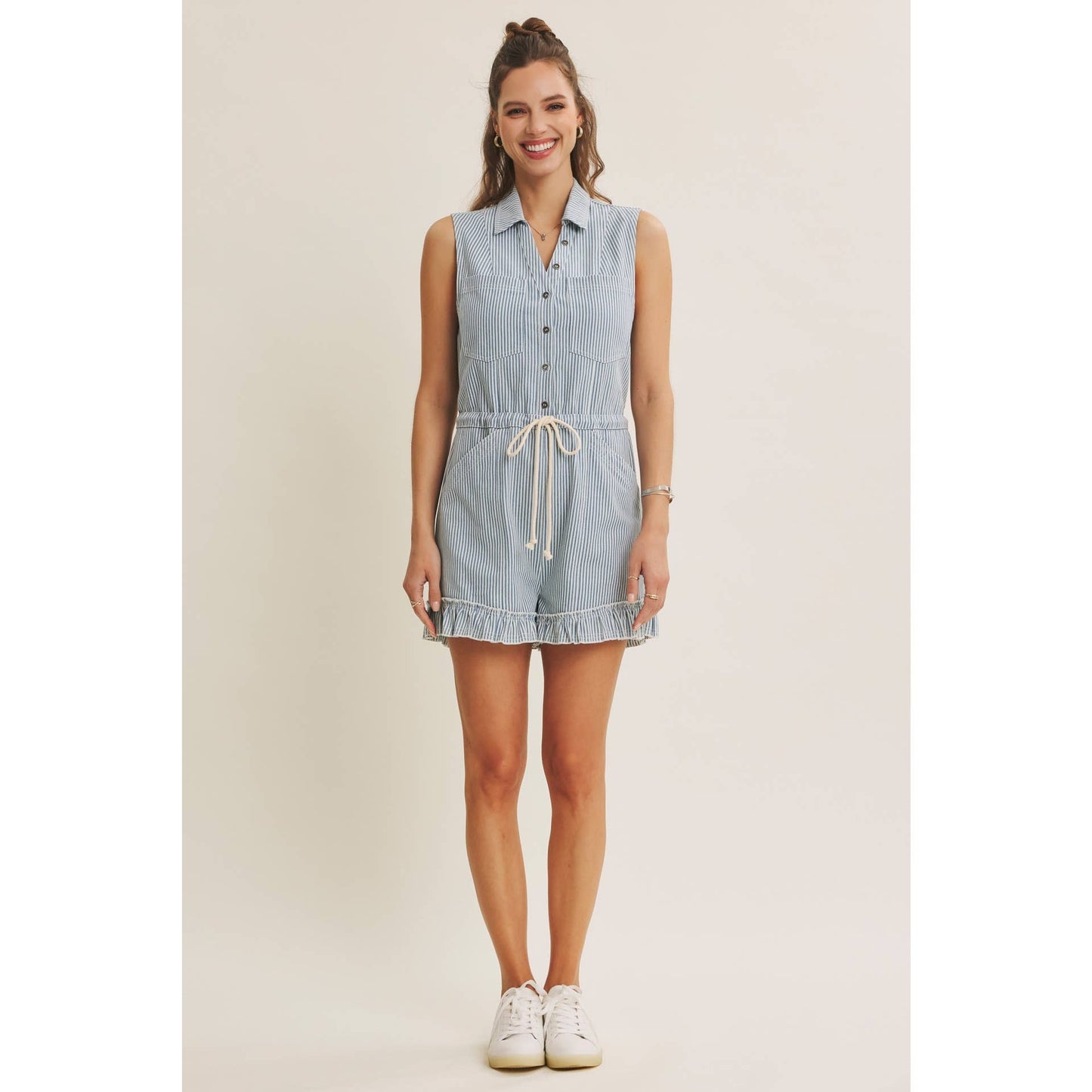 Cotton Stripe Button Romper