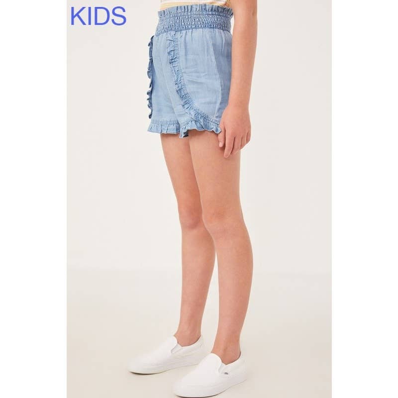 Girls Tencel Smocked Waist Ruffled Shorts in Light Denim