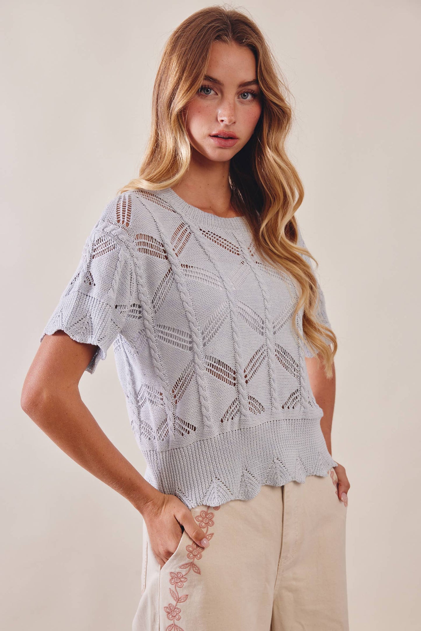 Edna Pointelle Short Sleeve Knit Top in Cloud
