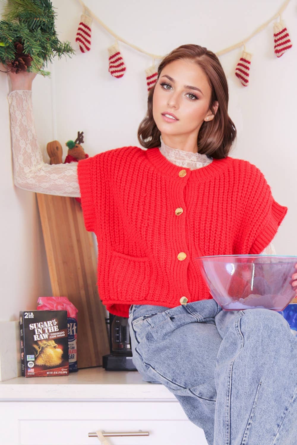 Oversized Button Down Knit Sweater Top in Red