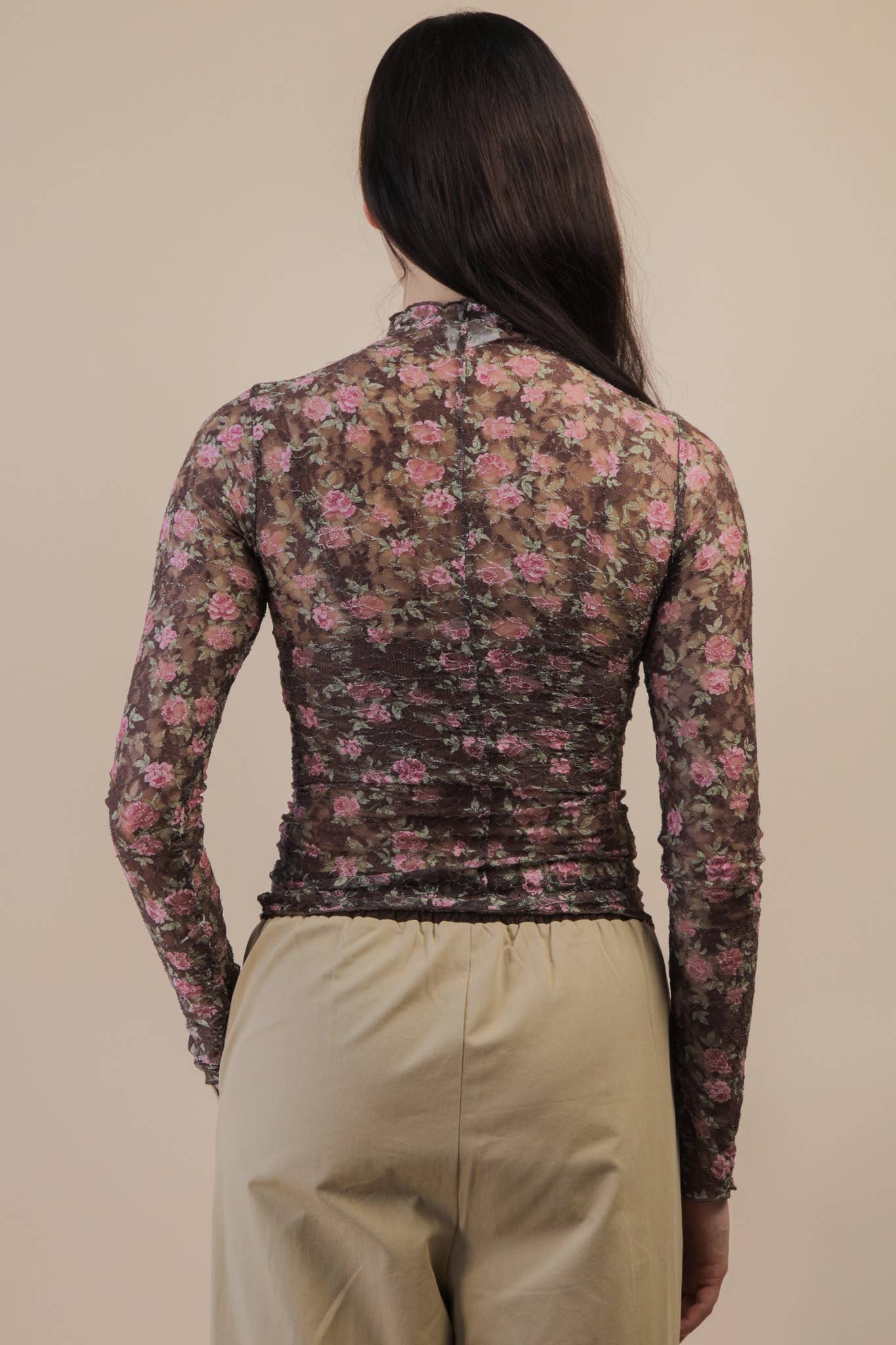 High Neck Fitted Sheer Mesh Lace Knit Top in Chocolate Floral