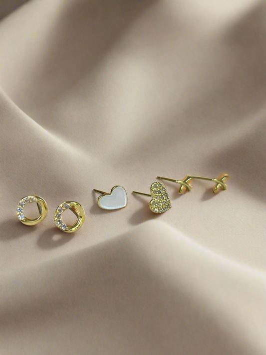 Circle X Heart Gold Dipped Stud Earring Set: SILVER