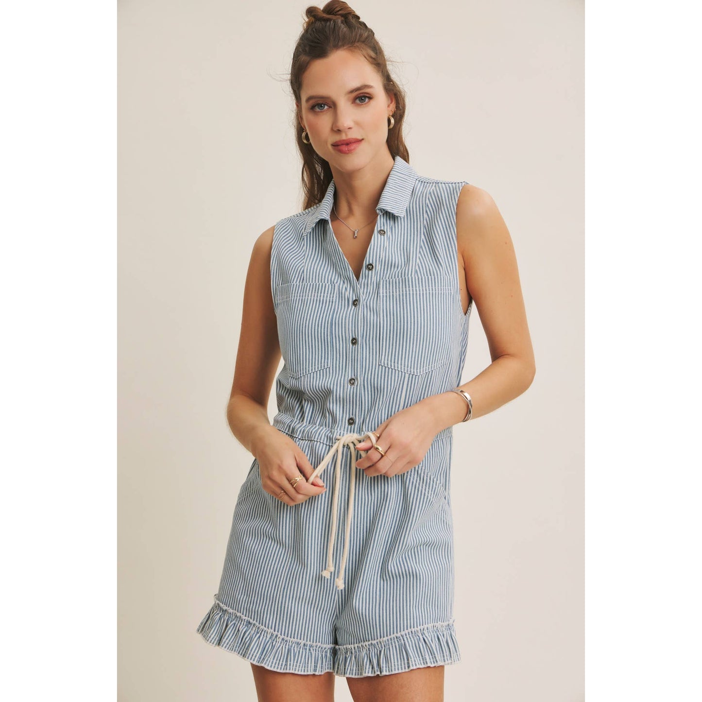 Cotton Stripe Button Romper