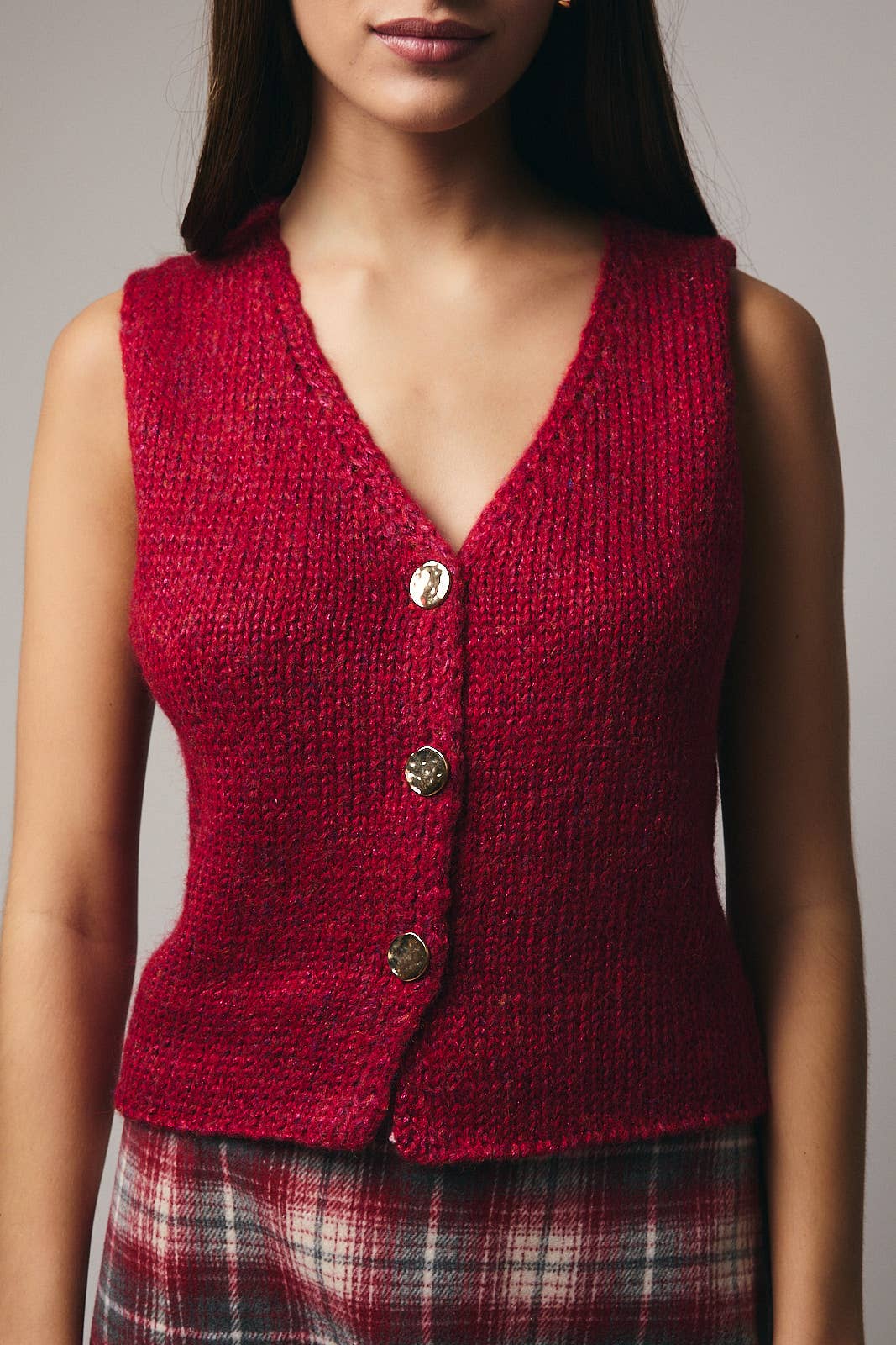V-Neck Button Down Sweater Vest in Berry