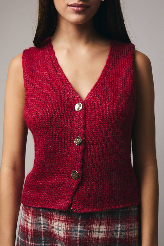 V-Neck Button Down Sweater Vest in Berry