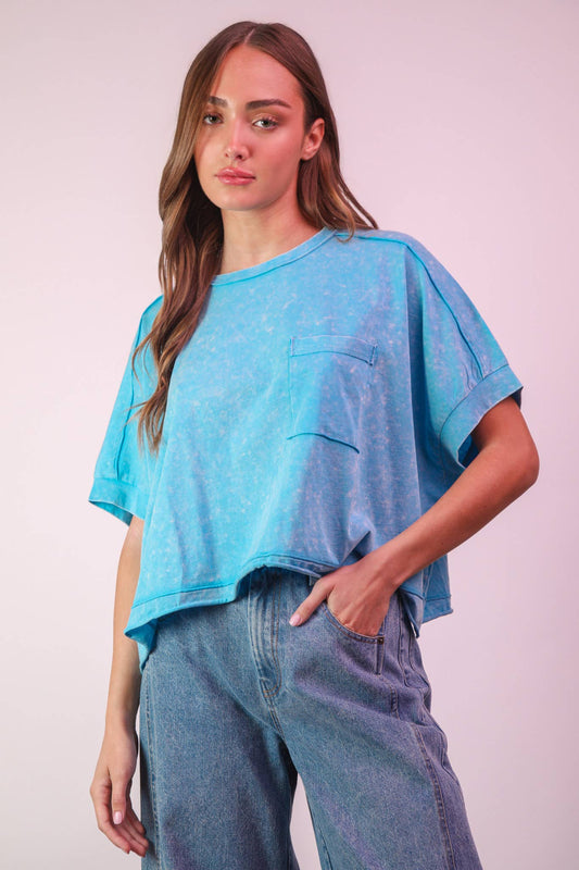 The Mineral Washed Knit Top in Aqua Blue