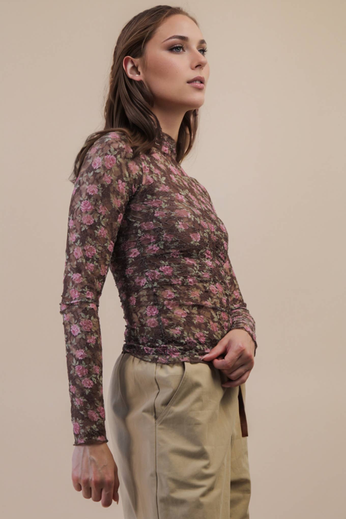 High Neck Fitted Sheer Mesh Lace Knit Top in Chocolate Floral