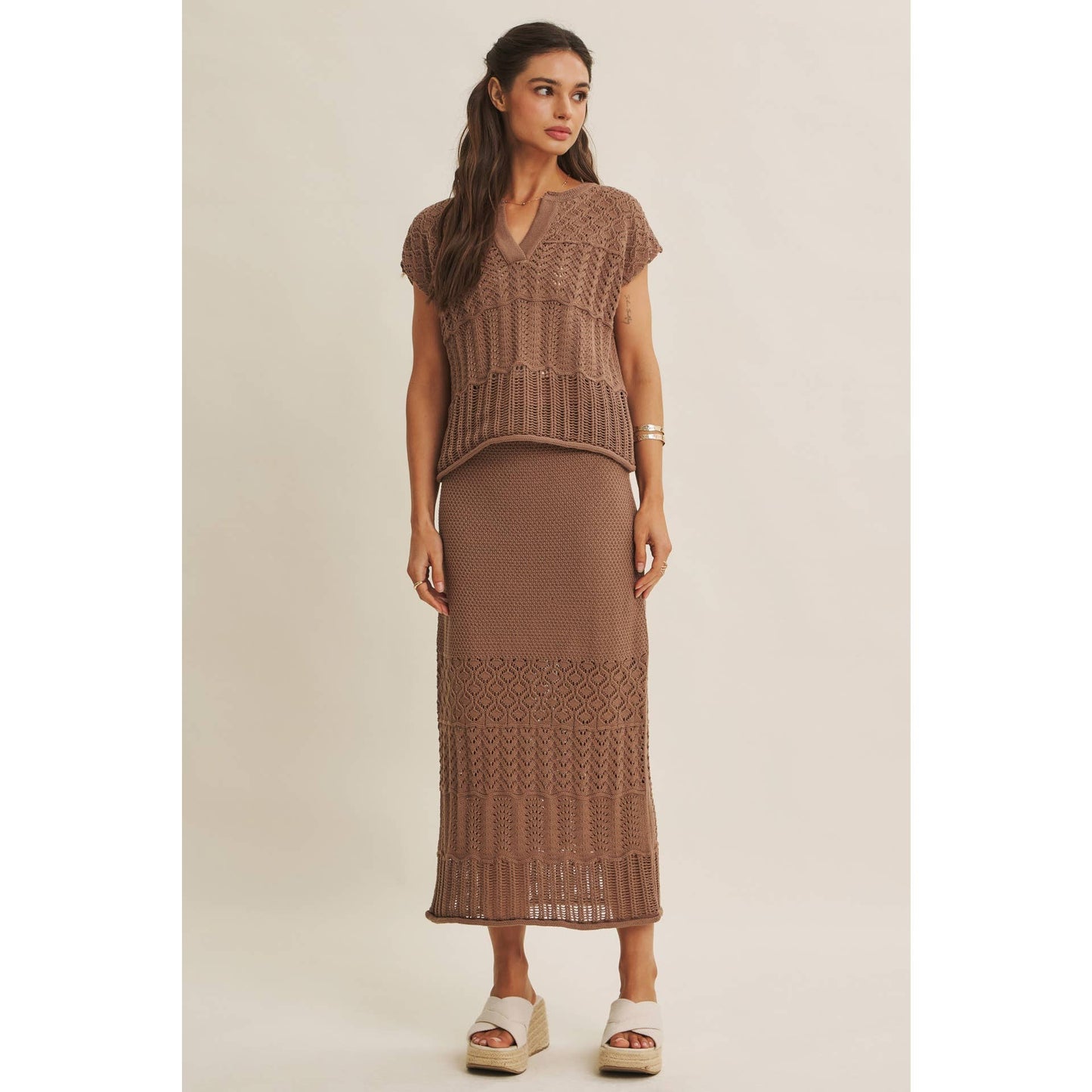 Ophelia Knit Pointelle Crochet Sweater in Mocha