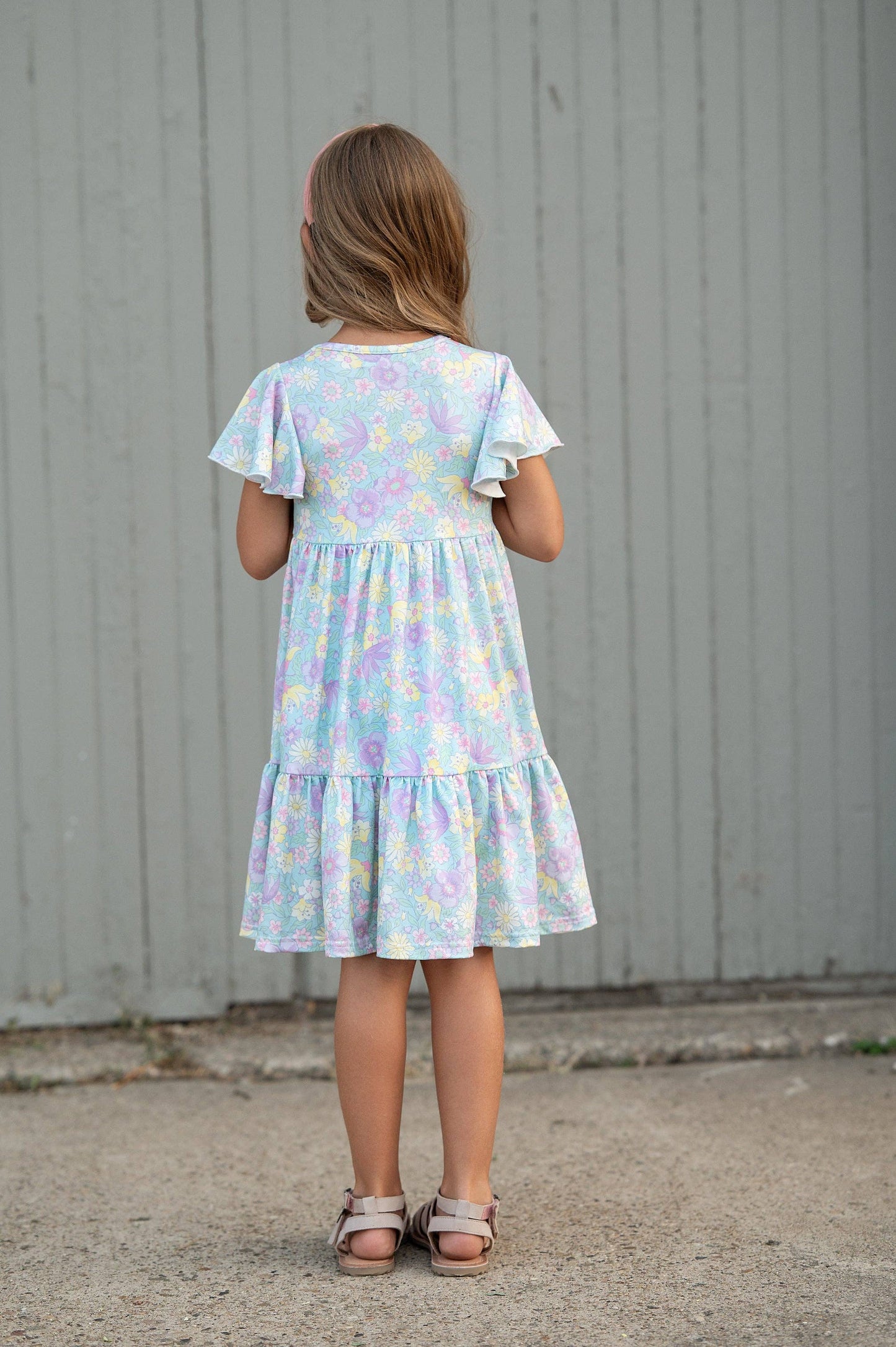 Emmy Purple Pastel Floral Flutter Sleeve Twirl Dress