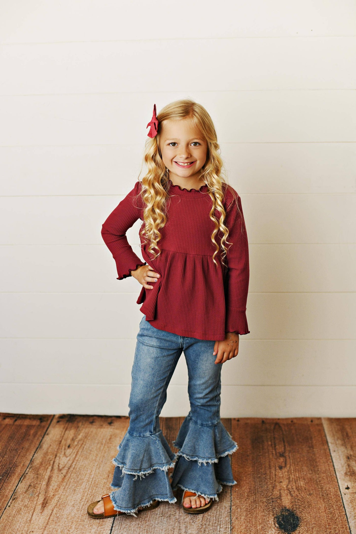 Kids Burgundy Long Sleeve Lettuce Trim Ribbed Shirt