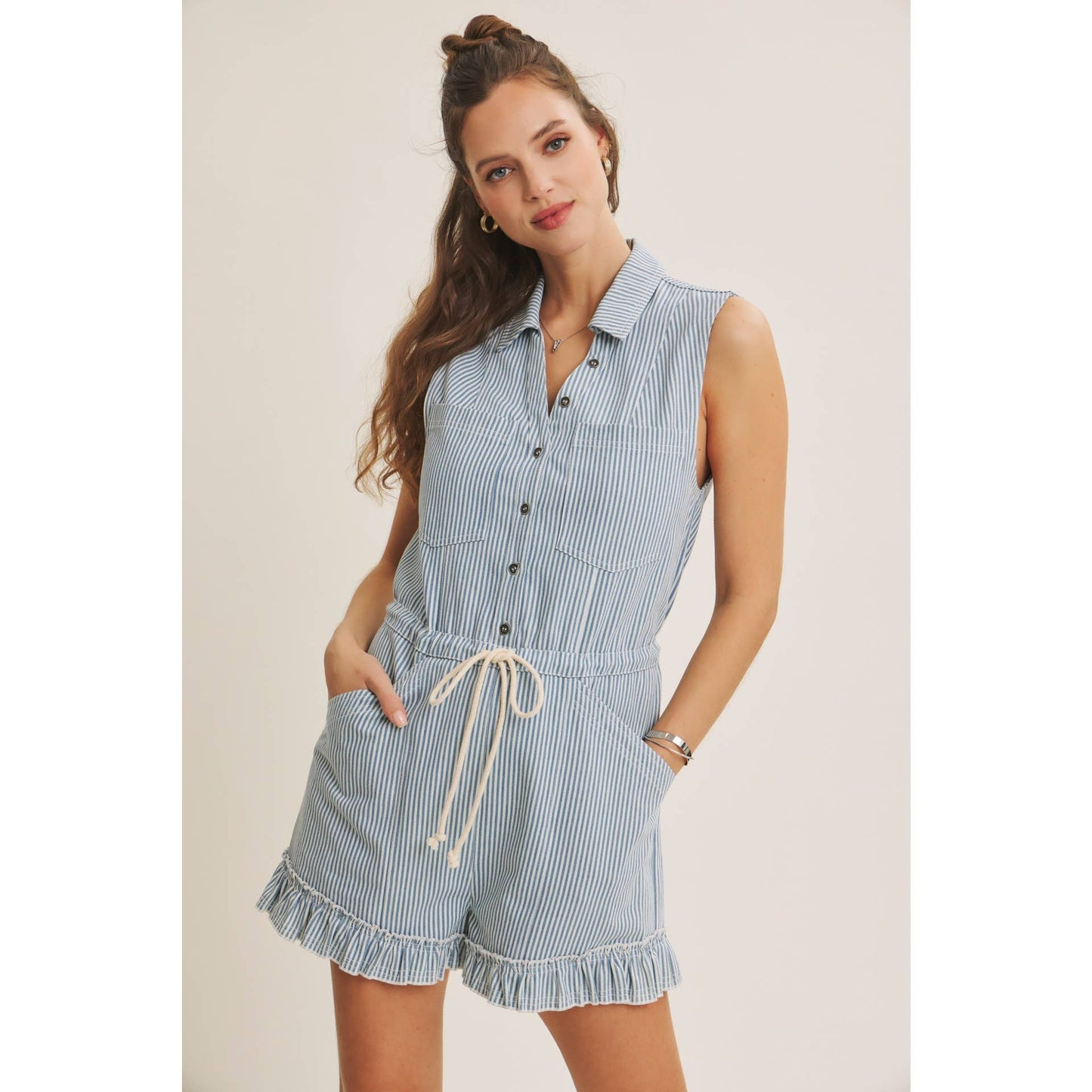 Cotton Stripe Button Romper