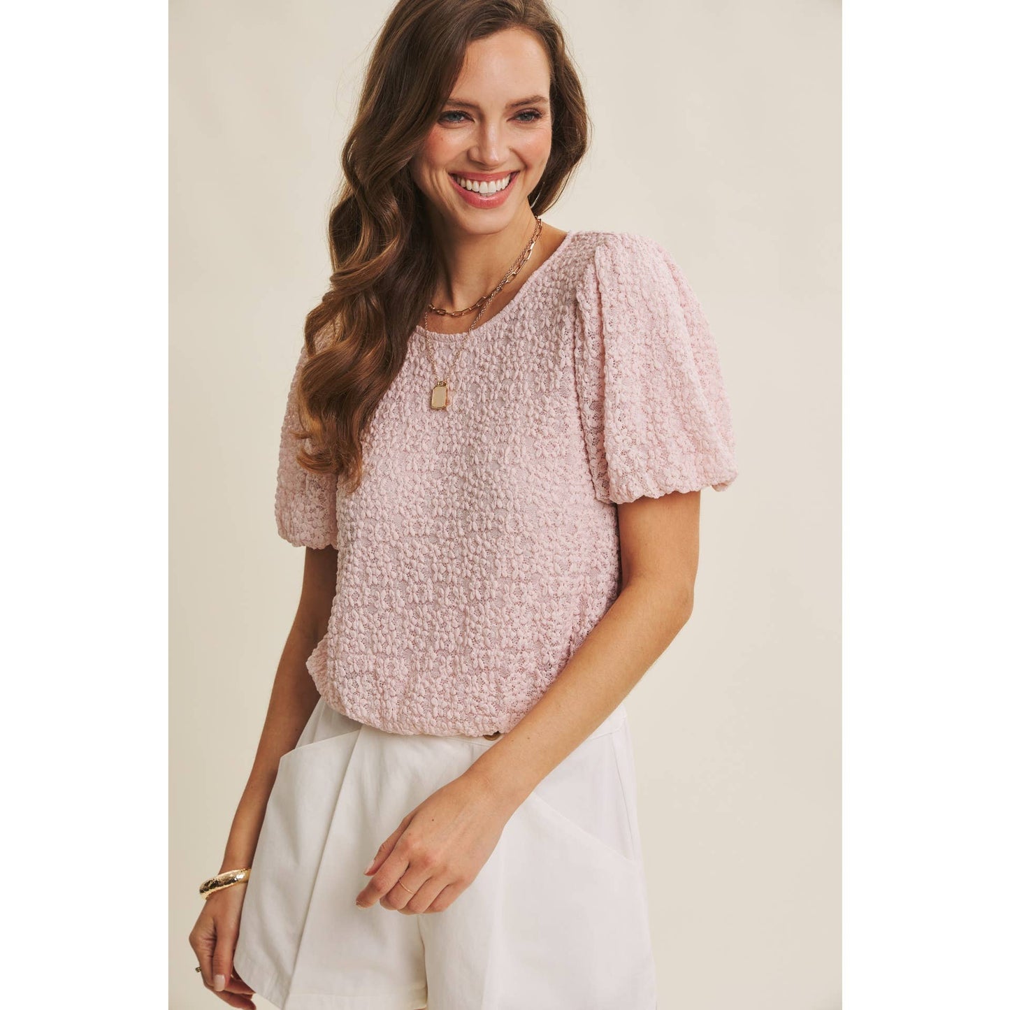 Bella Floral Lace Puff Sleeve Top in Light Pink