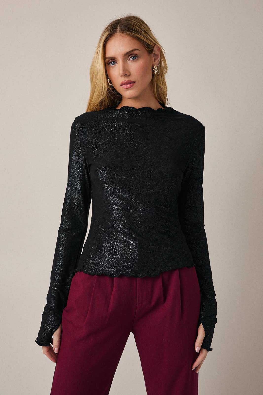 Mock Neck Long Sleeve Top in Black