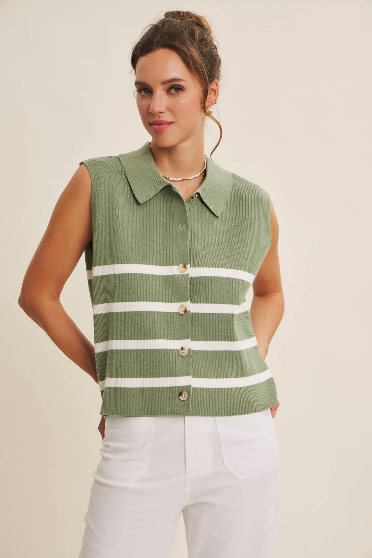 Ruth Button Down Sweater Vest in Stone Green