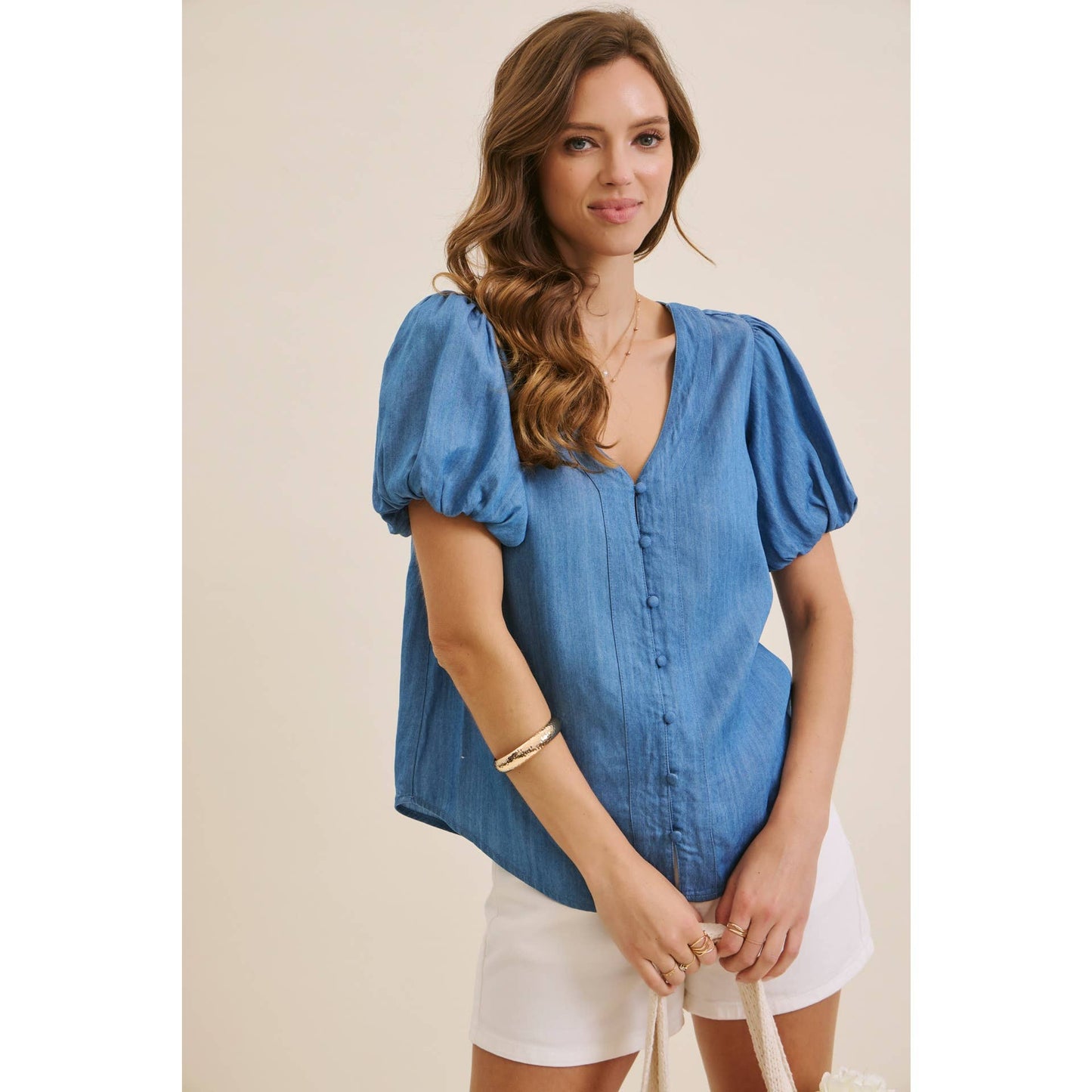 Linda Bubble Sleeve Top in Washed Denim