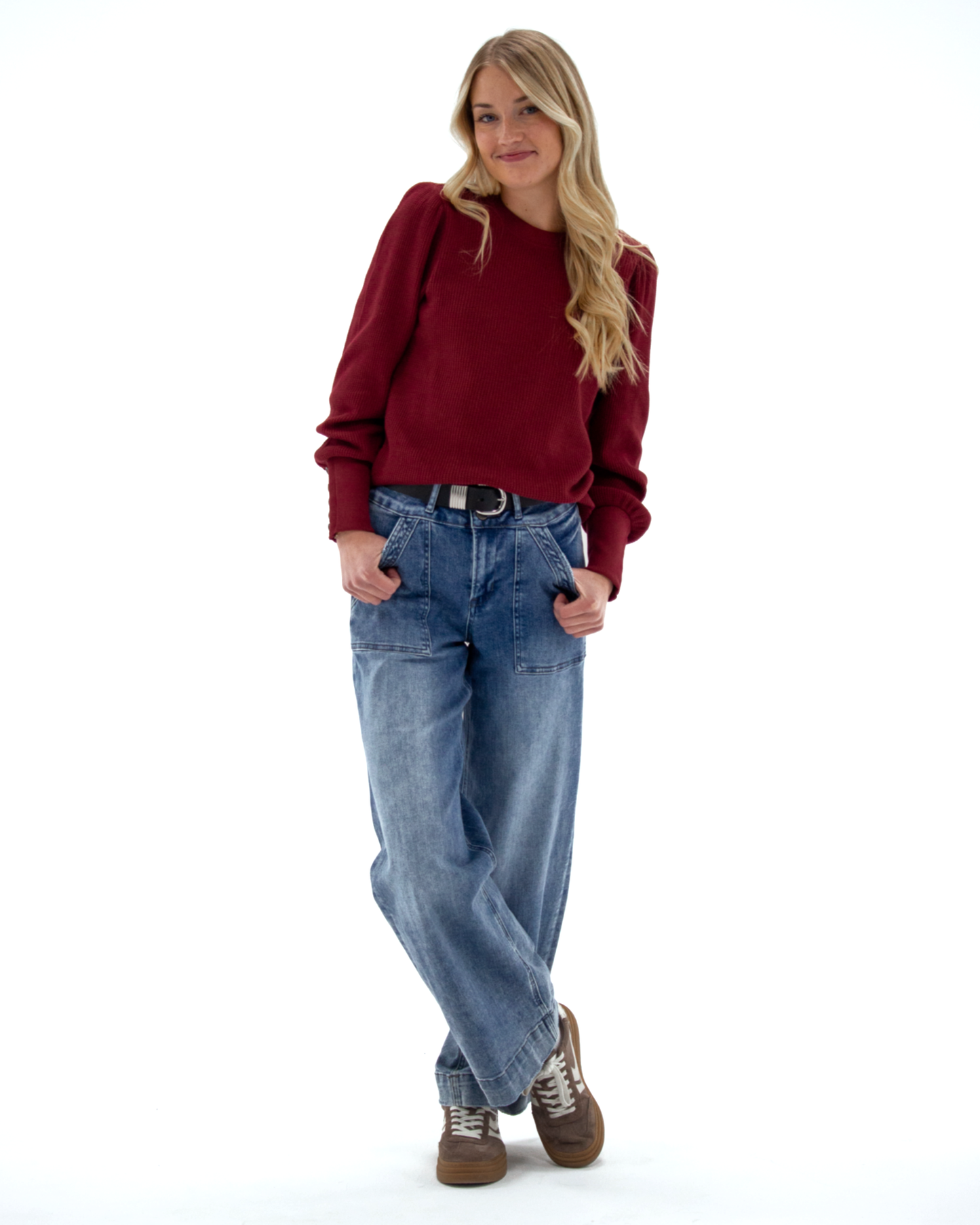 Long Sleeve Waffle Knit Pullover Top