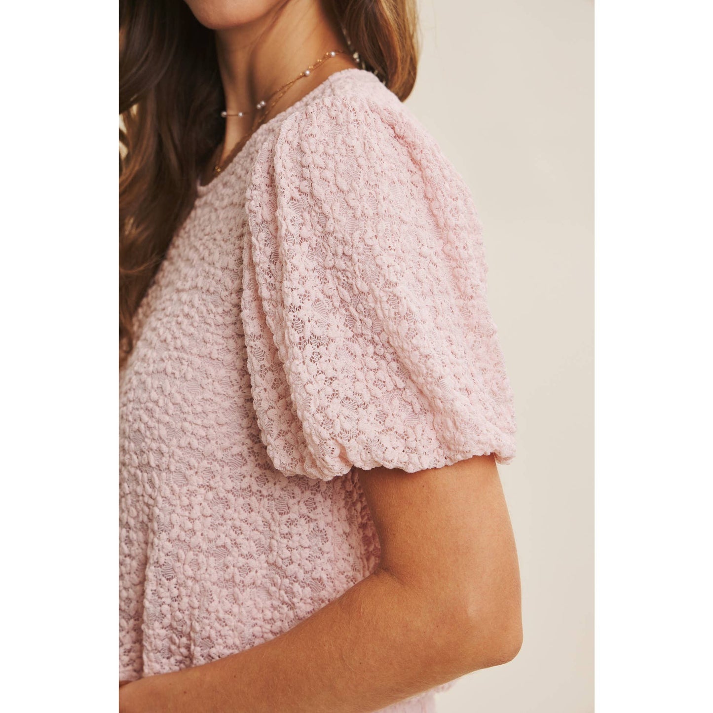 Bella Floral Lace Puff Sleeve Top in Light Pink