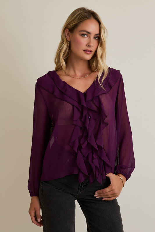 Sloane Ruffle V-Neck Long Sleeve Top in a rich Raisin hue