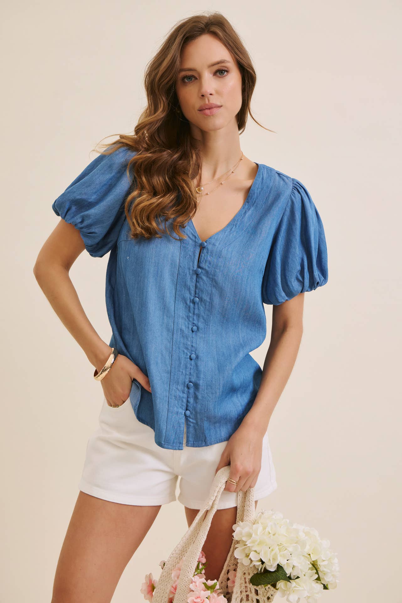 Linda Bubble Sleeve Top in Washed Denim