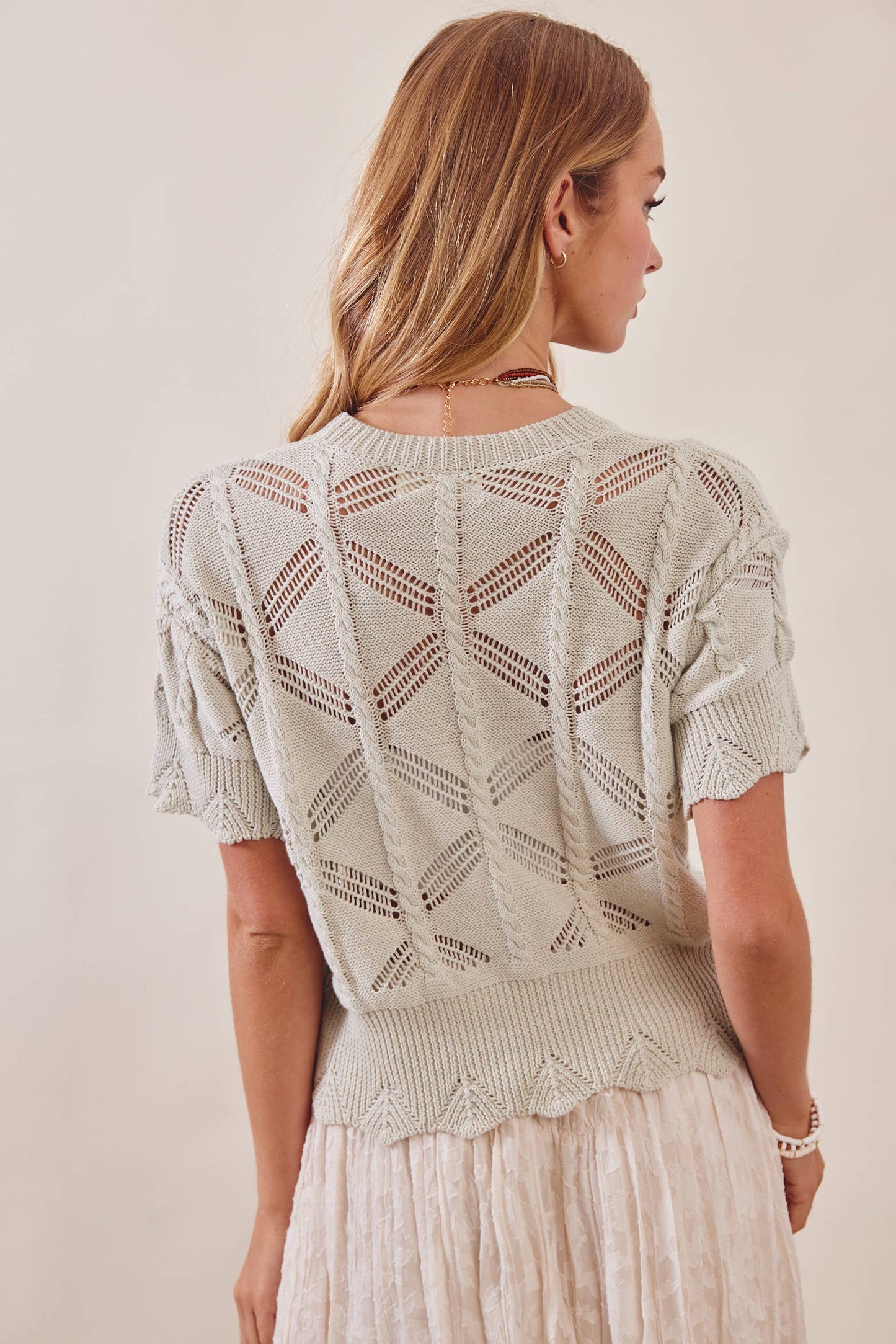 Edna Pointelle Short Sleeve Knit Top in Sage