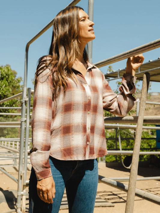Daphne Shirt in Taupe Rust and Plaid by Thread and Supply