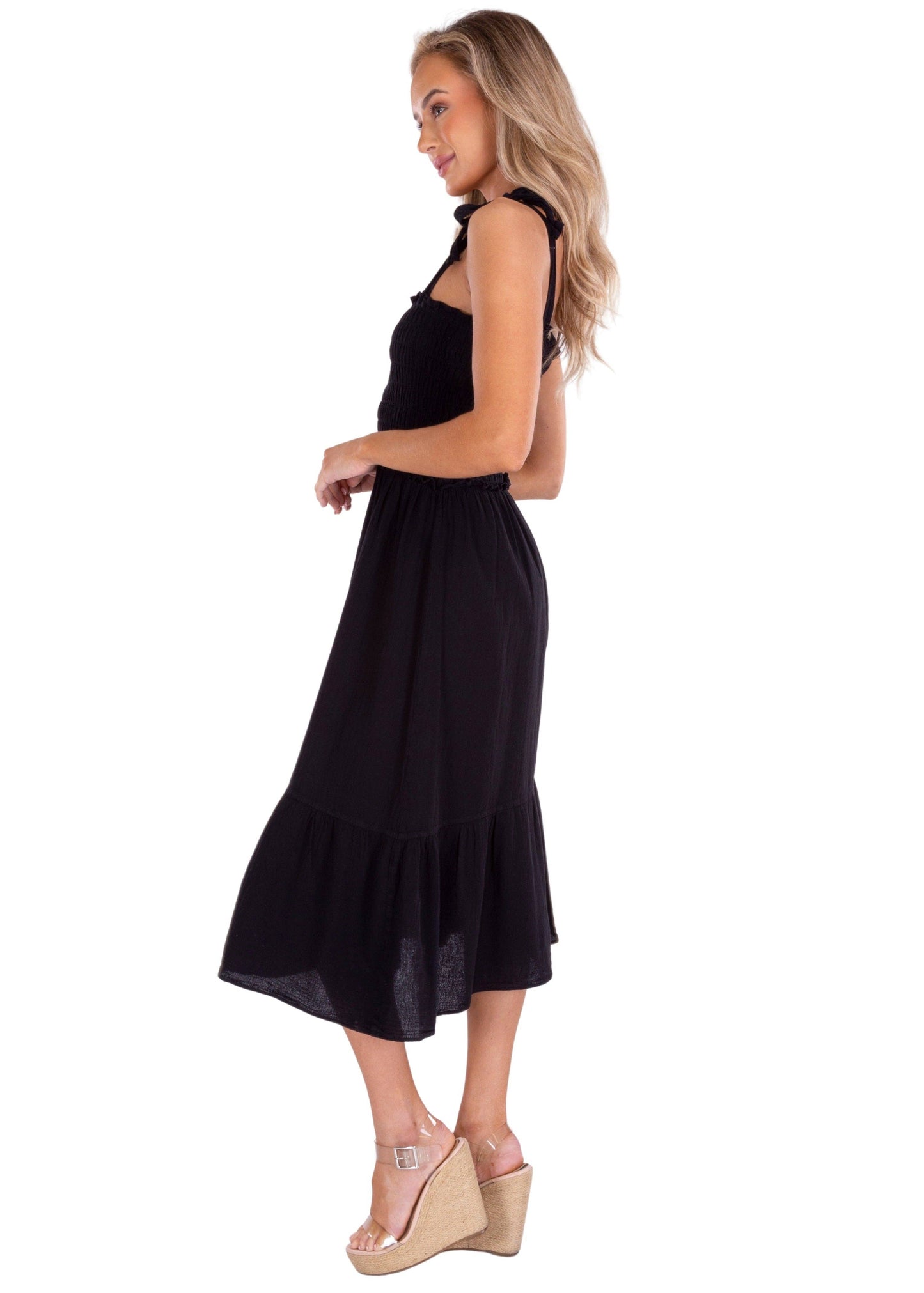 Tie-Shoulder Smocked A-Line Cotton Midi Dress in black