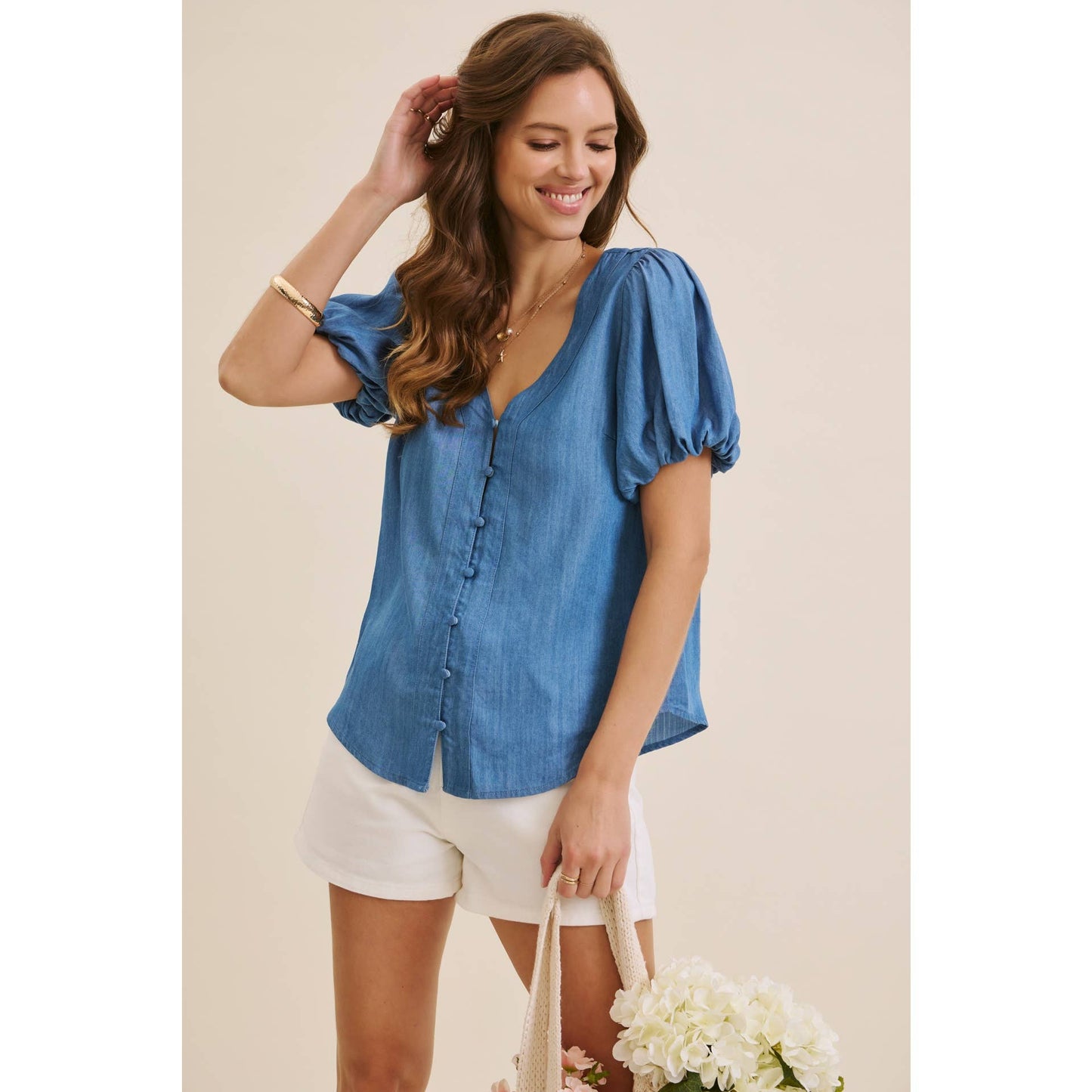 Linda Bubble Sleeve Top in Washed Denim