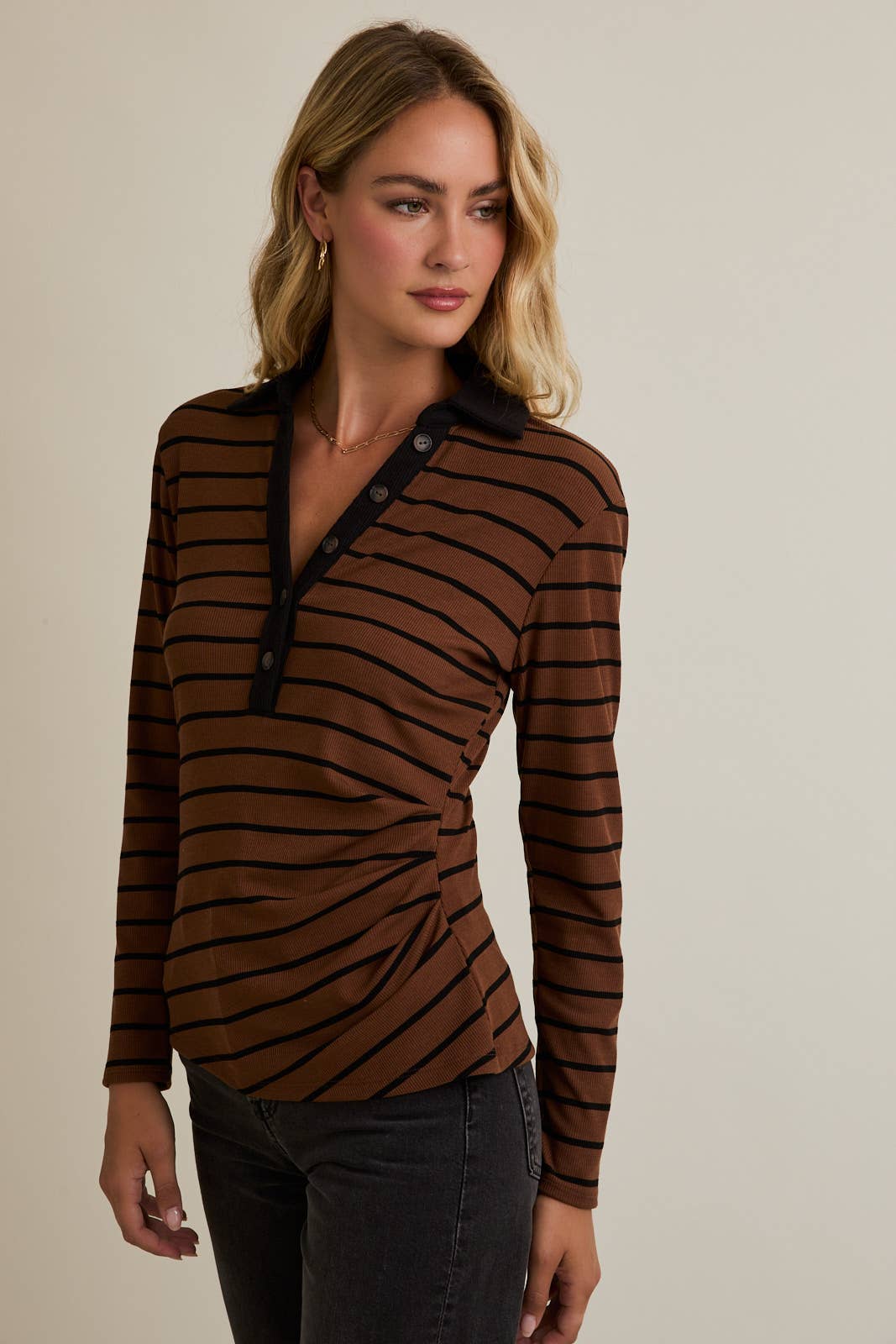 Long Sleeve Strip Polo Top in Black and Brown