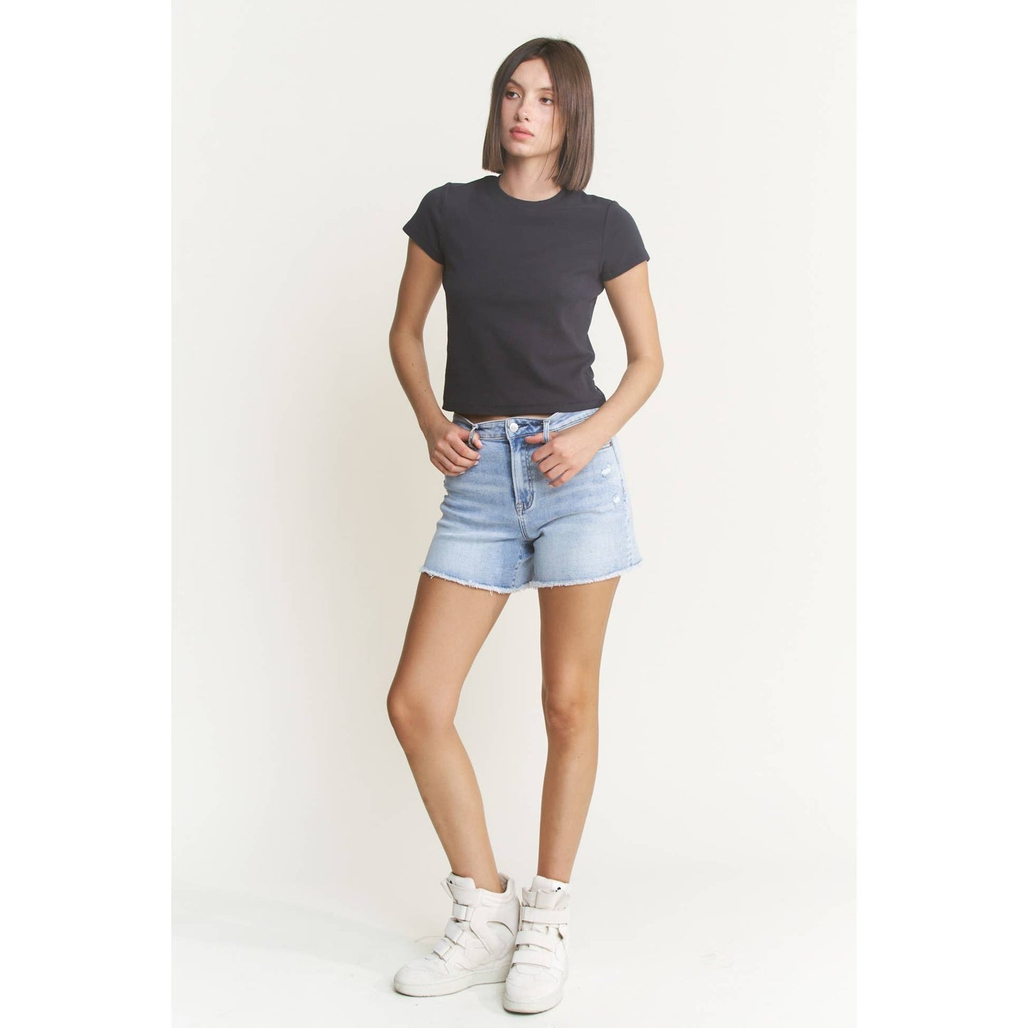 Super High Shorts with Frayed Raw Hem by Mica Denim