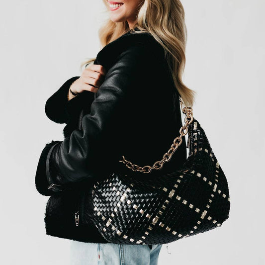 Sienna Slouchy Woven Shoulder Bag: Gold Metallic Diamond Black