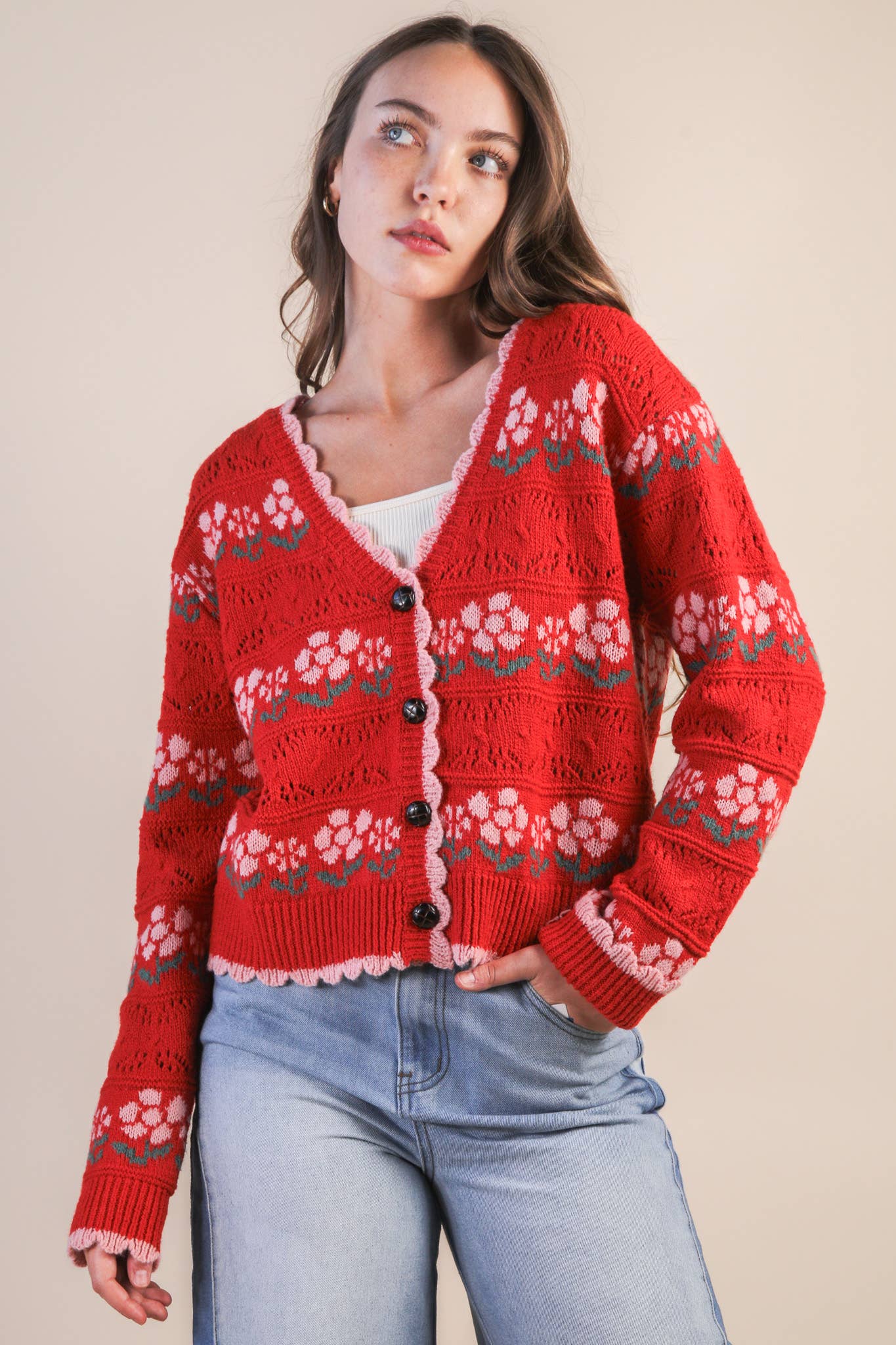 Floral Knit Sweater Cardigan in Red