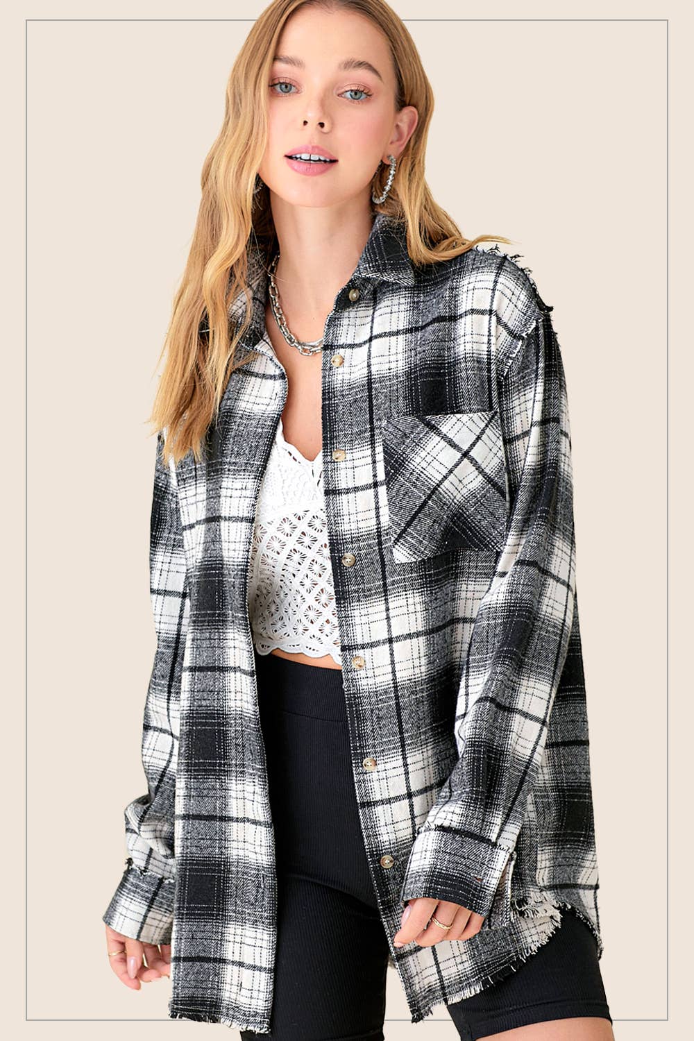 Mineral Washed Button Down Soft Fabric Plaid Shirt in Ivory & Black