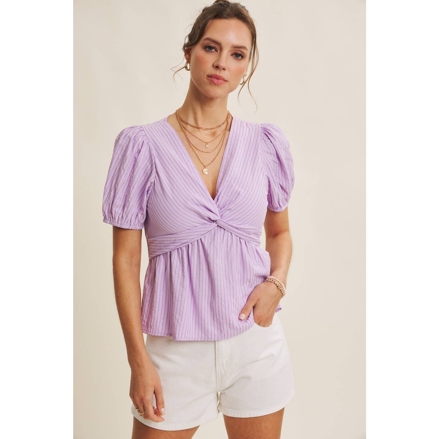 Sunny Front Knotted Babydoll Blouse with Puff Sleeves in Lavender
