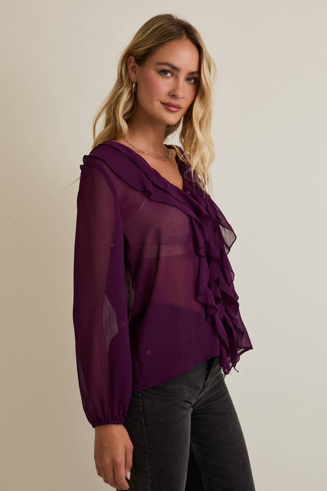 Sloane Ruffle V-Neck Long Sleeve Top in a rich Raisin hue
