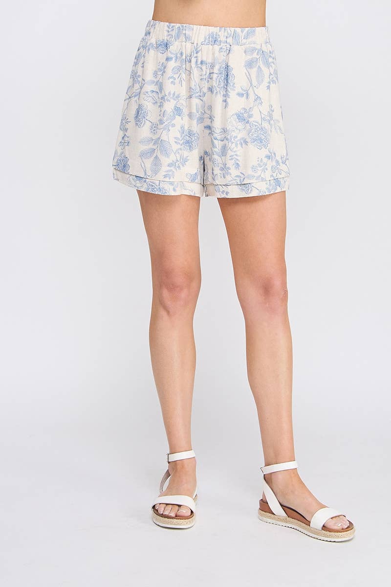 Printed Soft Linen Shorts: Blue Blossom