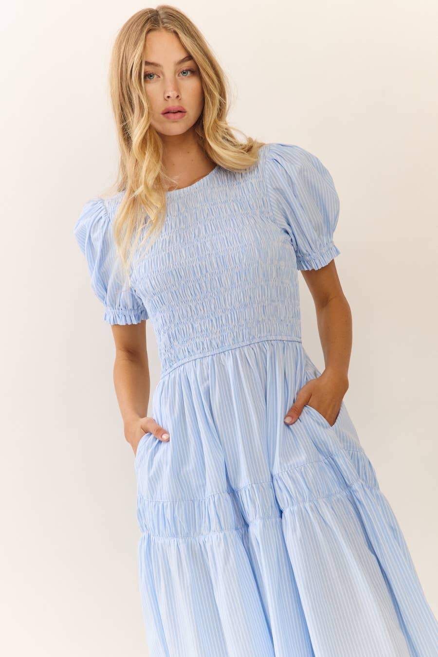 Smocked Bodice Dress in Light Blue
