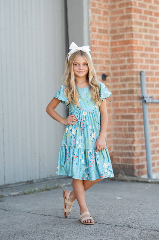 Girls Emma Teal Spring Willow Floral Flutter Sleeve Dress