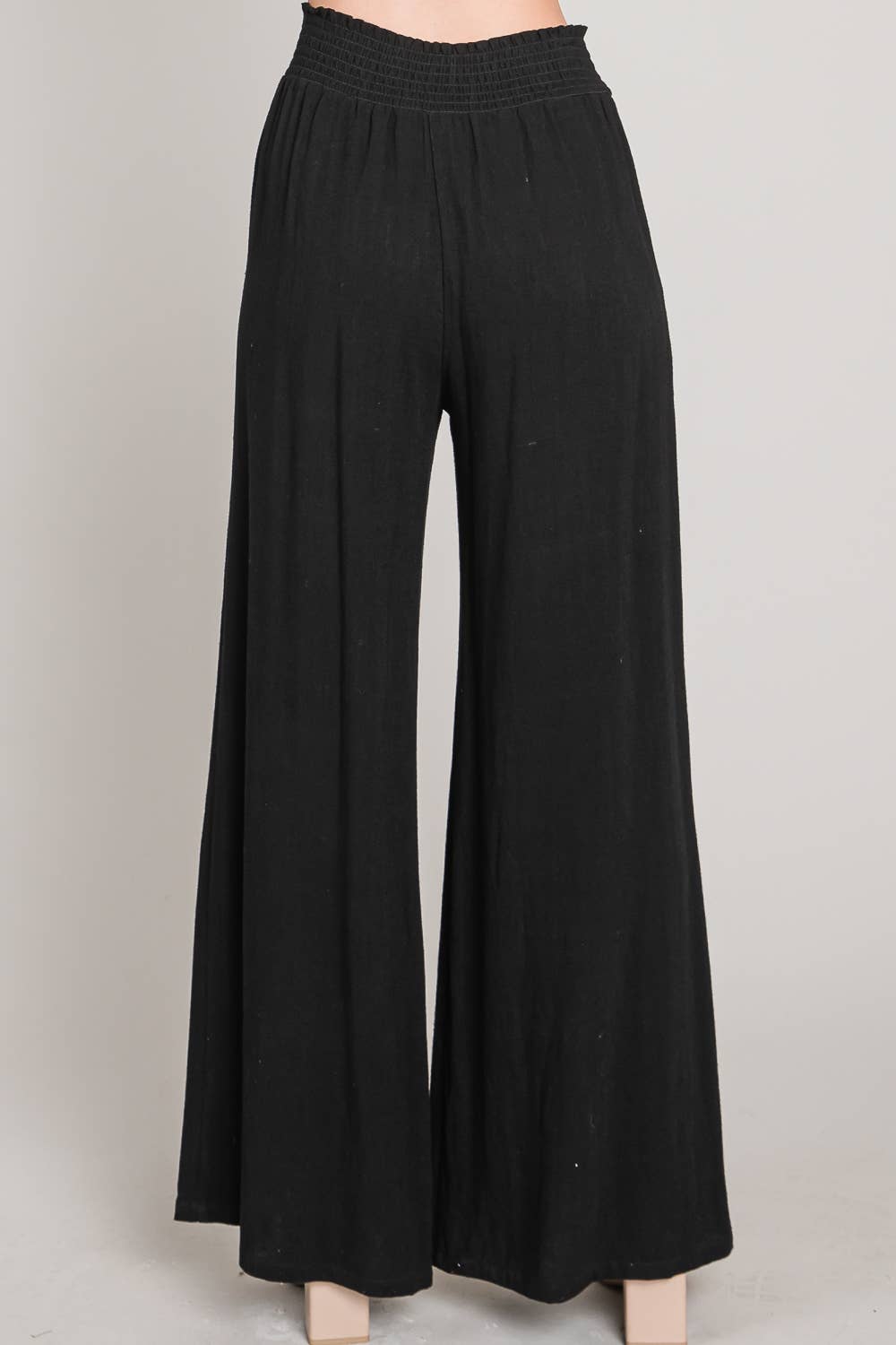 Soft Linen Smocked Waist Wide Leg Pants in black