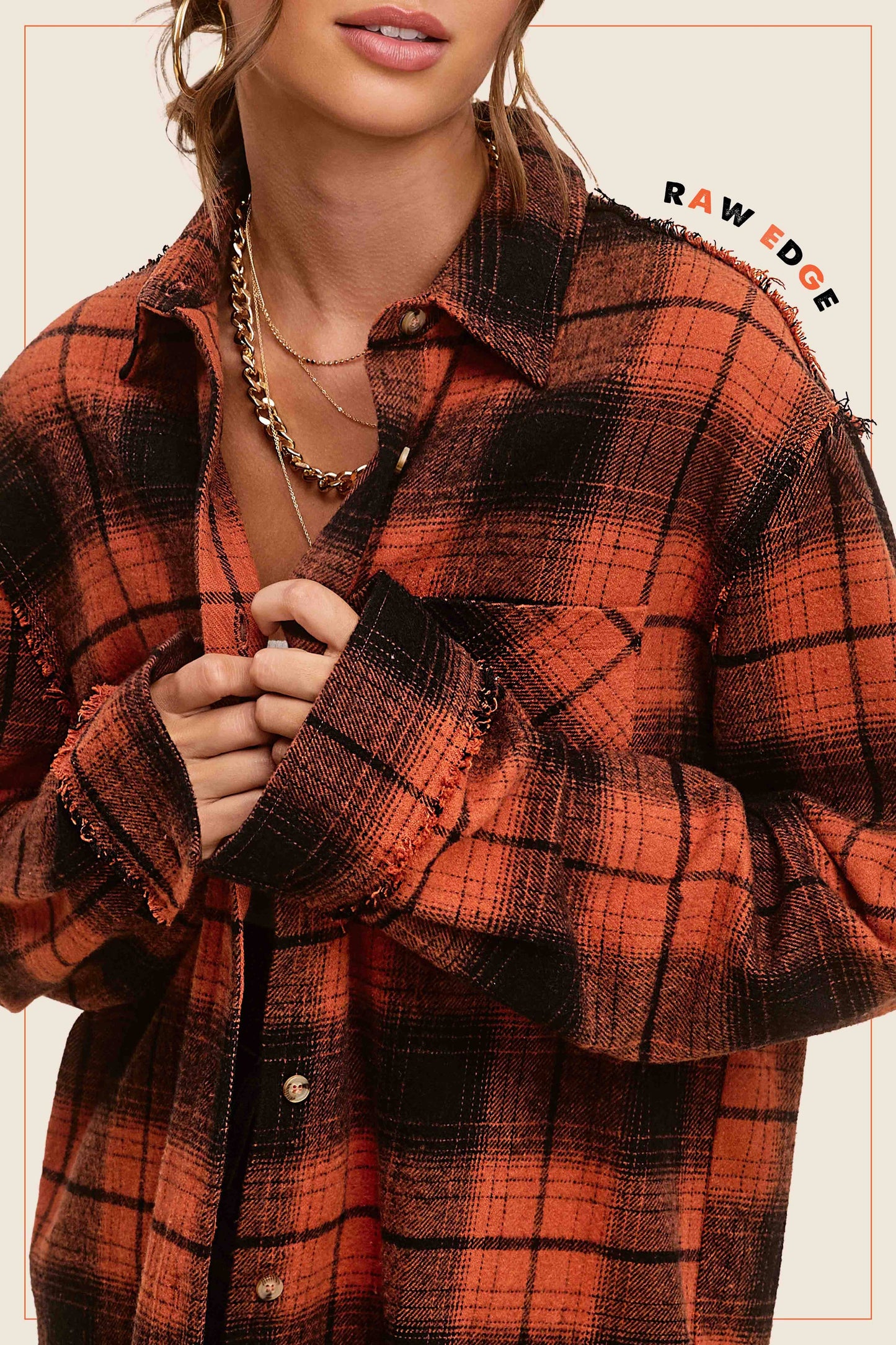 Mineral Washed Button Down Soft Fabric Plaid Shirts in Ginger & Black