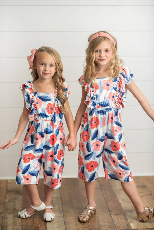 Kids Red & Blue Flutter Ruffle Wide Leg Jumpsuit