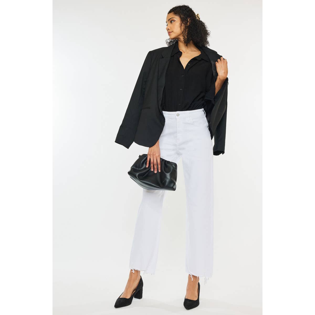 Kan Can High Rise White Denim Slim Wide Leg