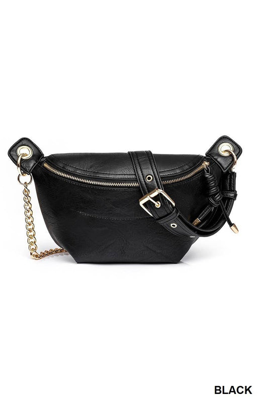 Vegan Leather Convertible Sling Belt Bum Bag in Black